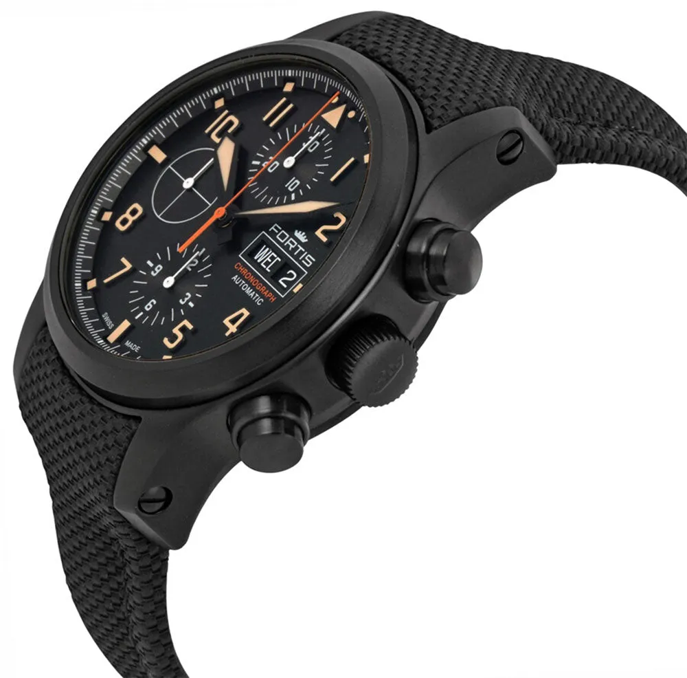 Fortis Aeromaster Stealth Mens Diver Watch - Automatic Chronograph, Day/Date, Black PVD Case, Black Dial, Textile Strap, Model F4040003