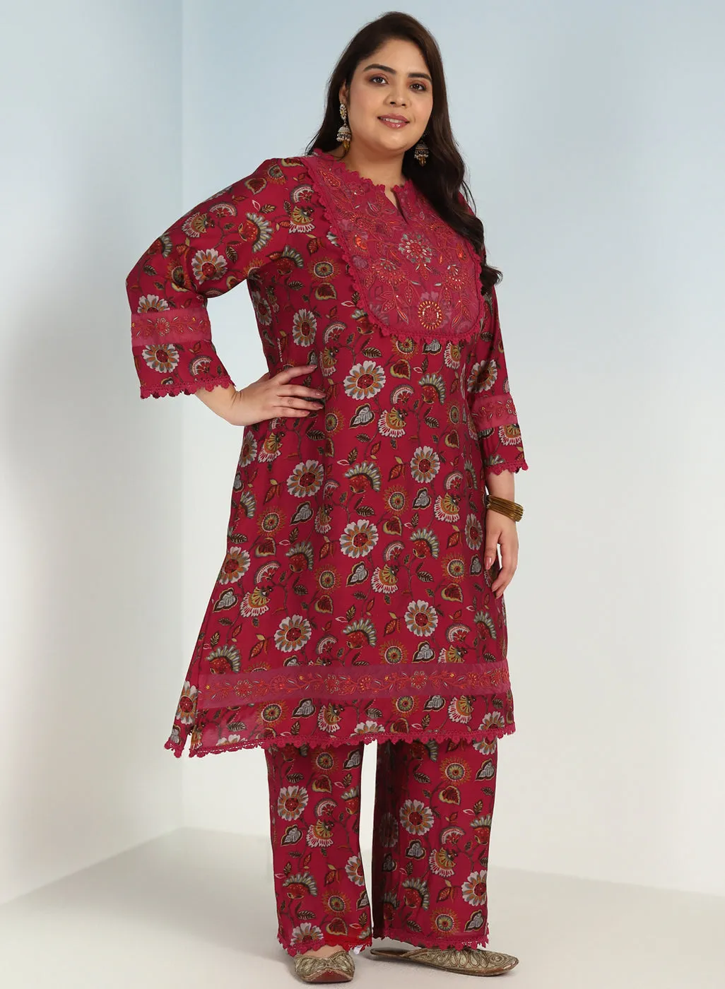 Fuchsia Floral Printed Modal Chanderi Kurta Set with Lace Work