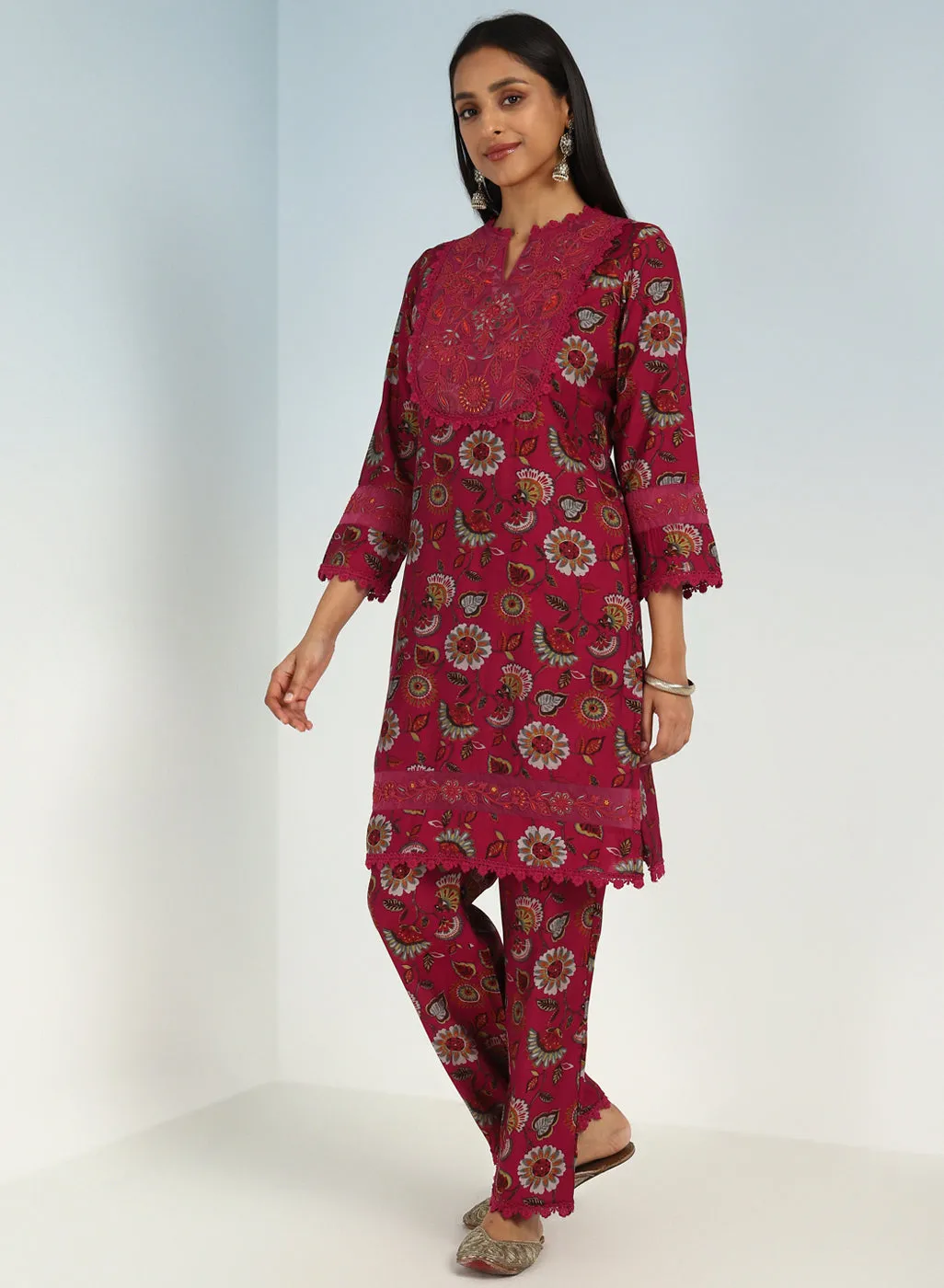 Fuchsia Floral Printed Modal Chanderi Kurta Set with Lace Work