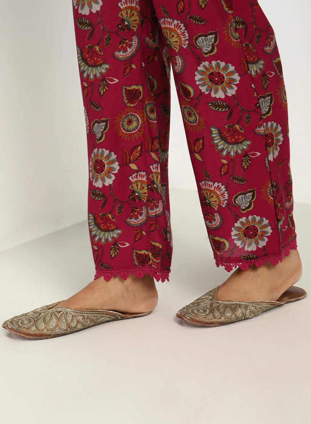 Fuchsia Floral Printed Modal Chanderi Kurta Set with Lace Work