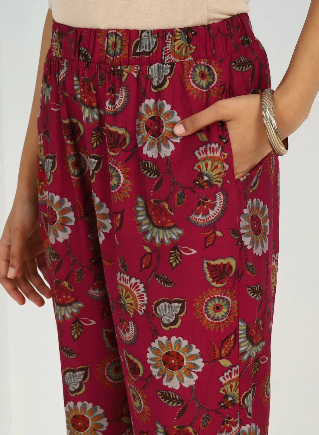 Fuchsia Floral Printed Modal Chanderi Kurta Set with Lace Work