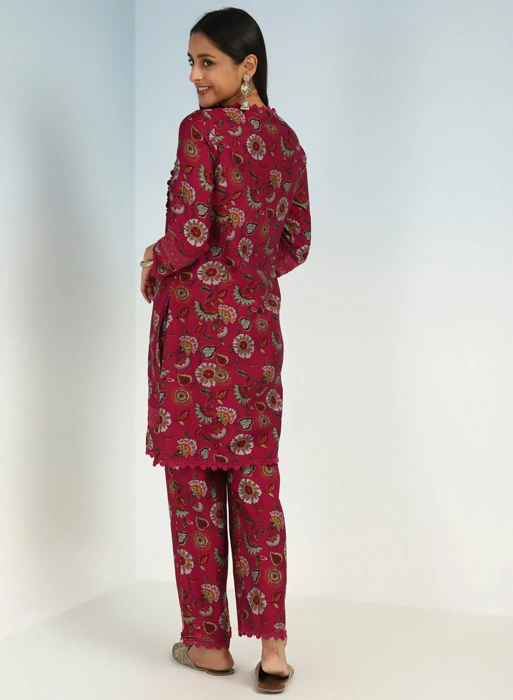 Fuchsia Floral Printed Modal Chanderi Kurta Set with Lace Work