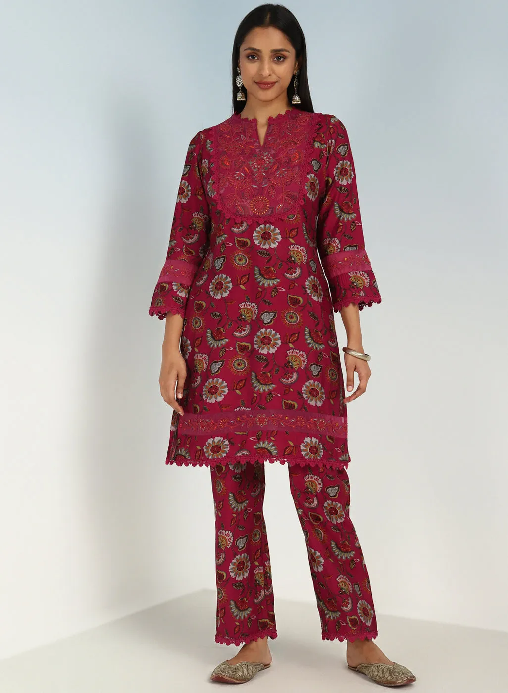 Fuchsia Floral Printed Modal Chanderi Kurta Set with Lace Work