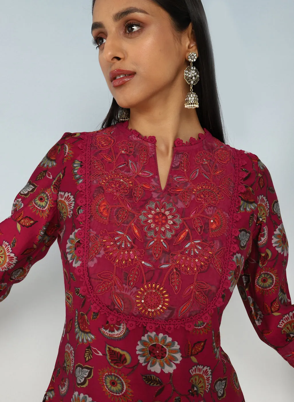 Fuchsia Floral Printed Modal Chanderi Kurta Set with Lace Work