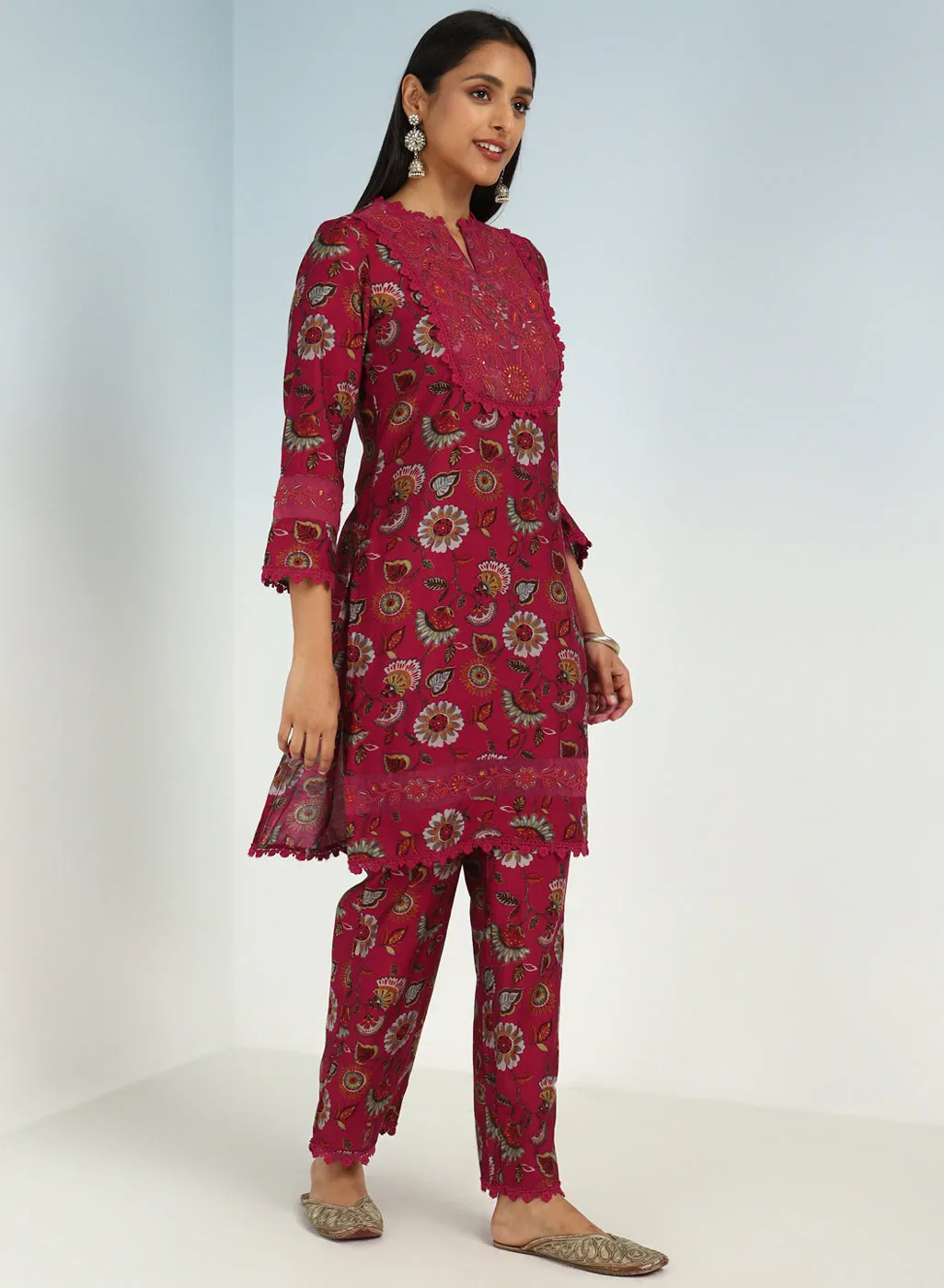 Fuchsia Floral Printed Modal Chanderi Kurta Set with Lace Work