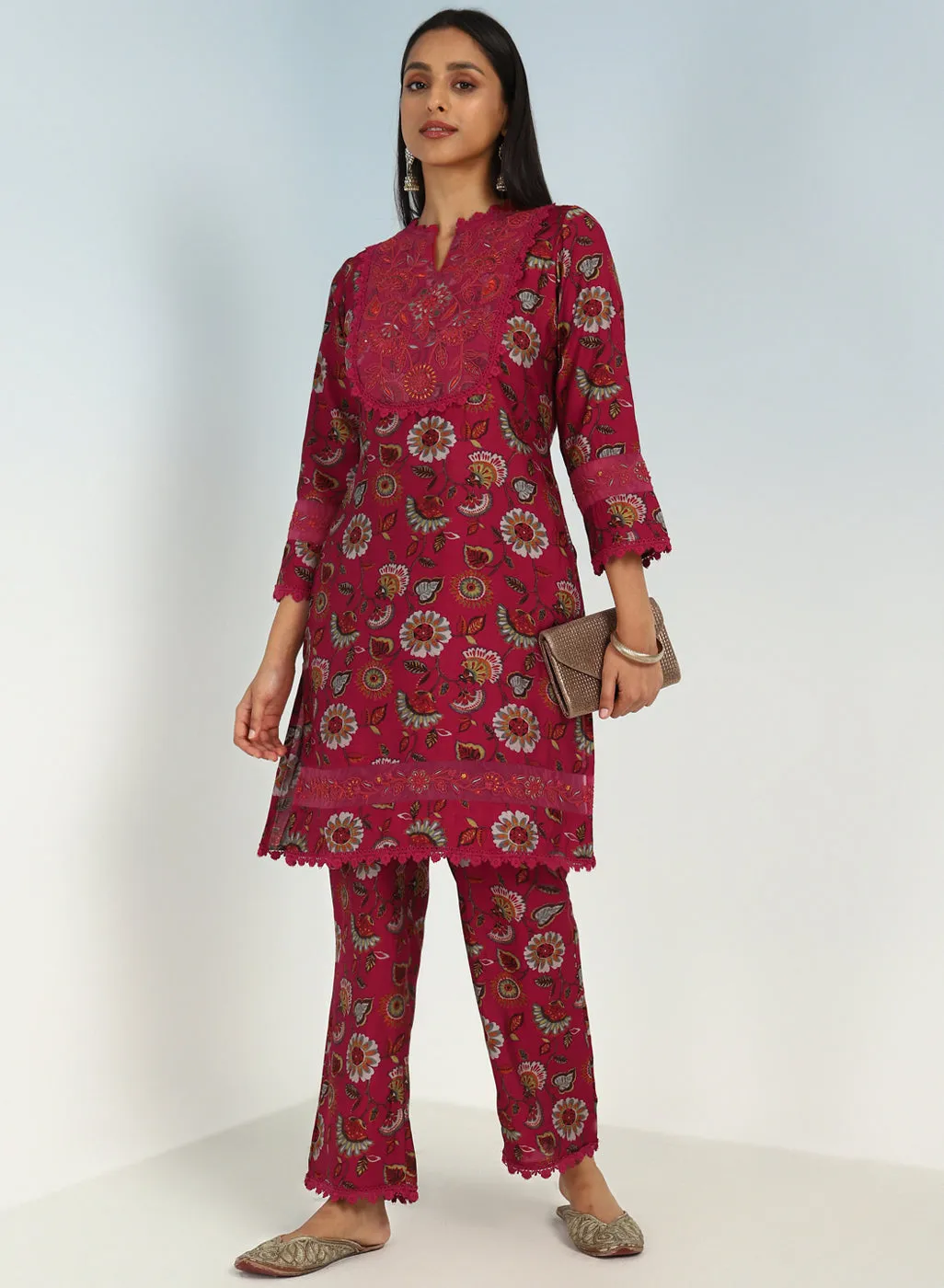 Fuchsia Floral Printed Modal Chanderi Kurta Set with Lace Work