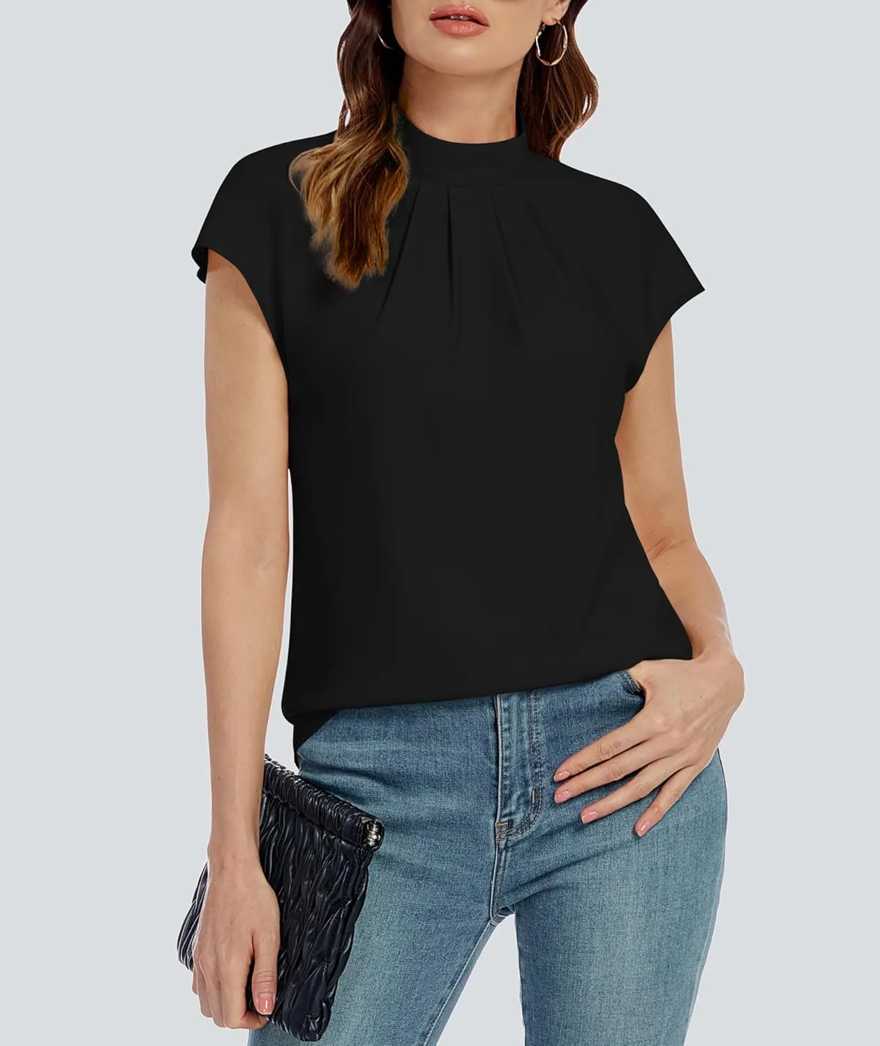 Funlingo Womens Summer Tops Mock Neck Short Cap Sleeve Blouses Business Casual Work Chiffon Shirts Front Pleated Tunic Top