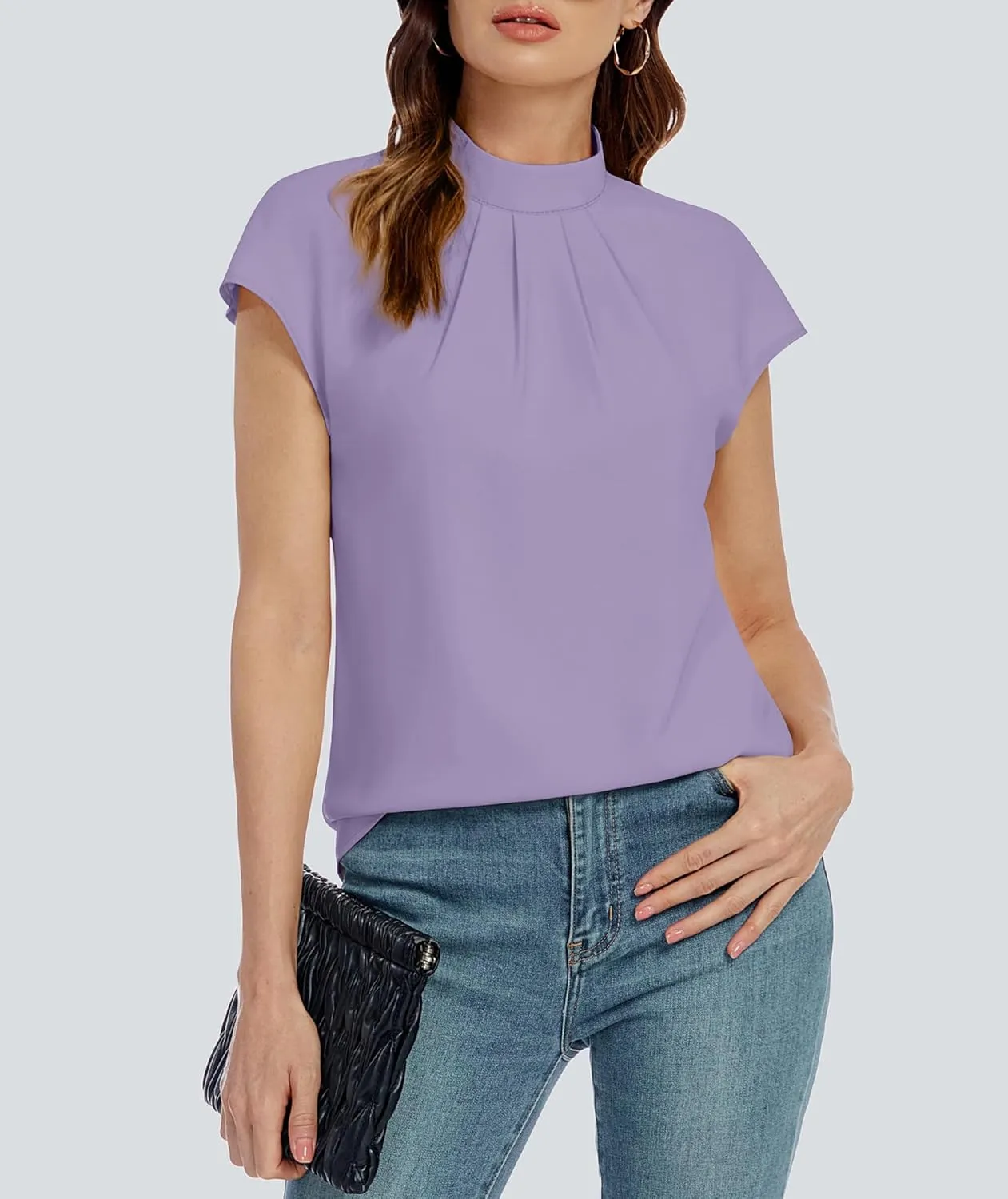 Funlingo Womens Summer Tops Mock Neck Short Cap Sleeve Blouses Business Casual Work Chiffon Shirts Front Pleated Tunic Top