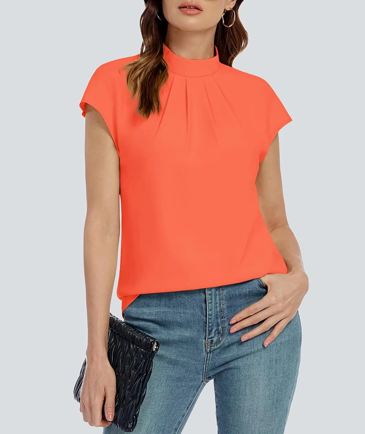 Funlingo Womens Summer Tops Mock Neck Short Cap Sleeve Blouses Business Casual Work Chiffon Shirts Front Pleated Tunic Top