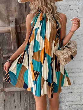 Geo print pleated hem halter dress in orange