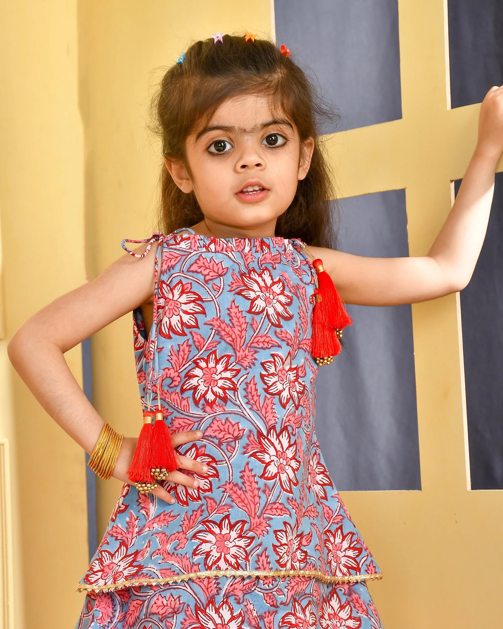Girl's Floral Block Print Kurti and Dhoti Set - Rangpur