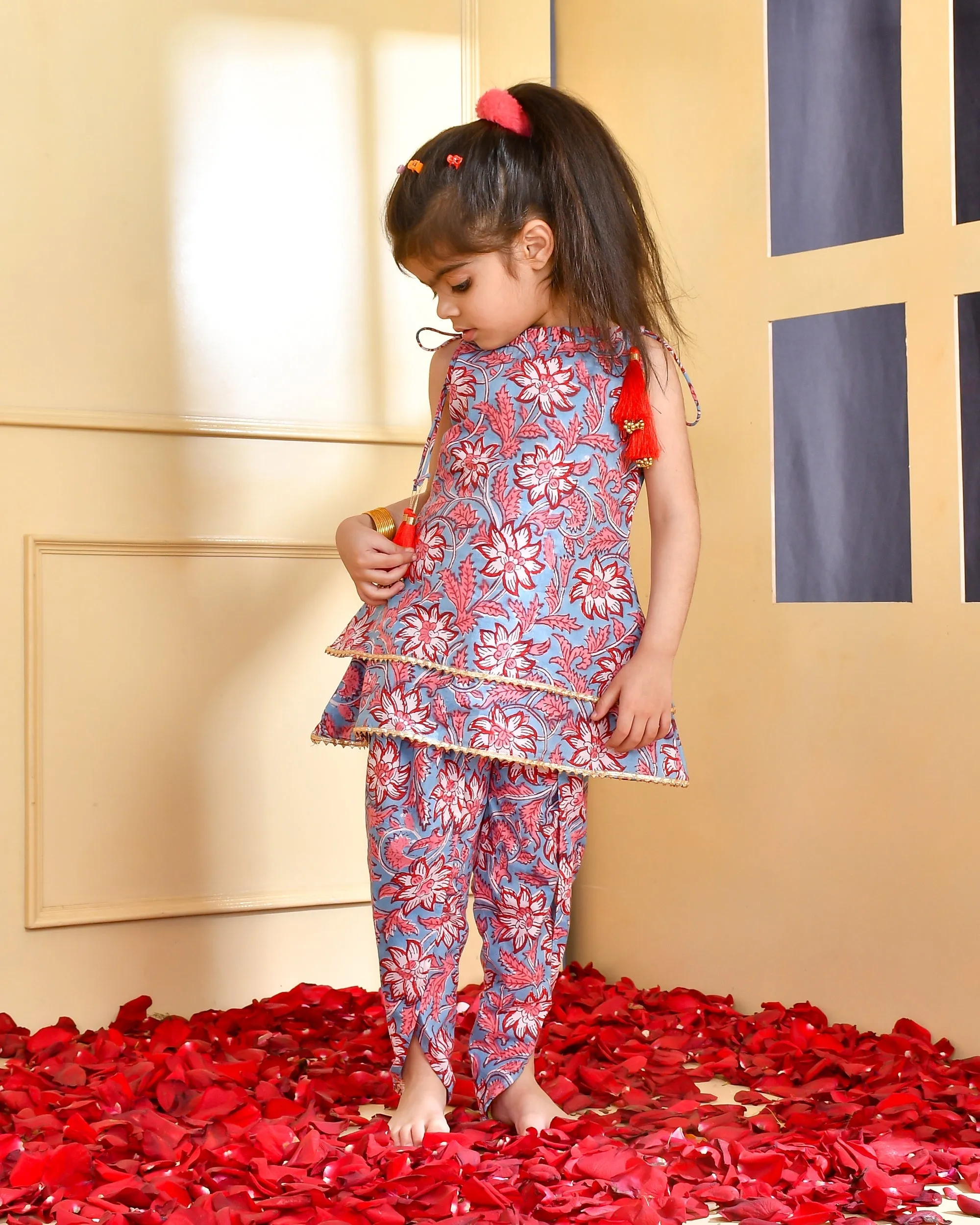 Girl's Floral Block Print Kurti and Dhoti Set - Rangpur