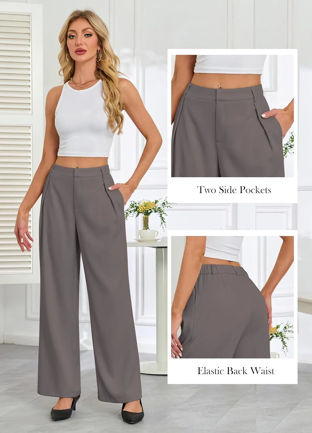 Gracyoga Women's Wide Leg Petite Dress Pants High Waisted Casual Work Trousers 2025 Business Outfits with Pockets