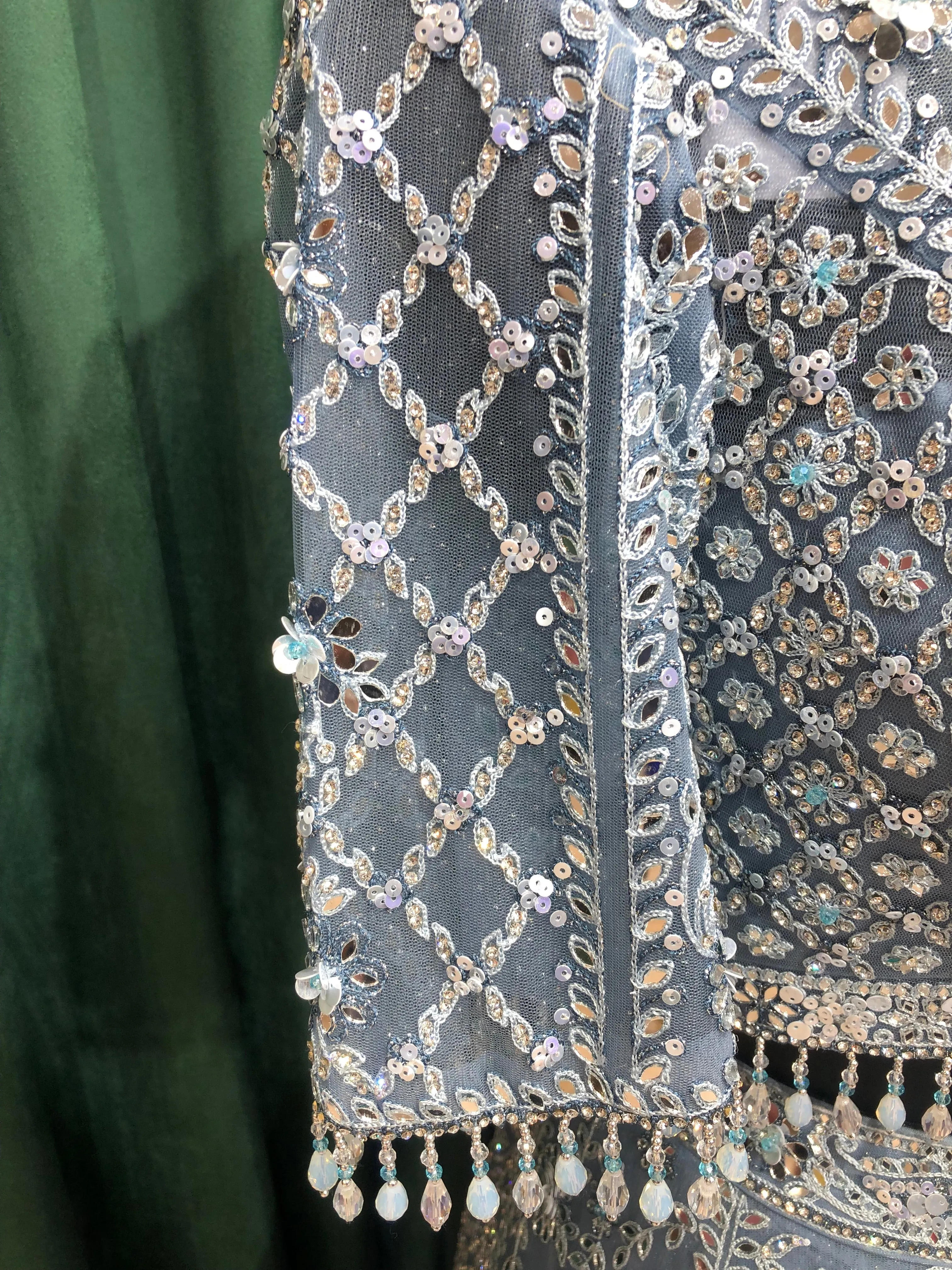 Gray Net Lehenga With Mirror