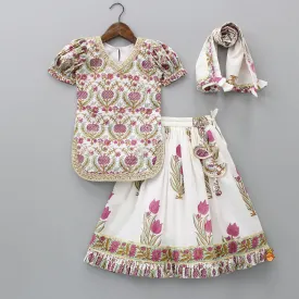 Hand Block Printed Kurti And Lehenga With Dupatta