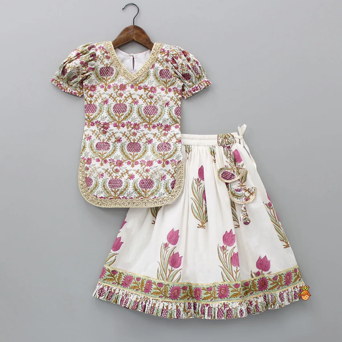 Hand Block Printed Kurti And Lehenga With Dupatta
