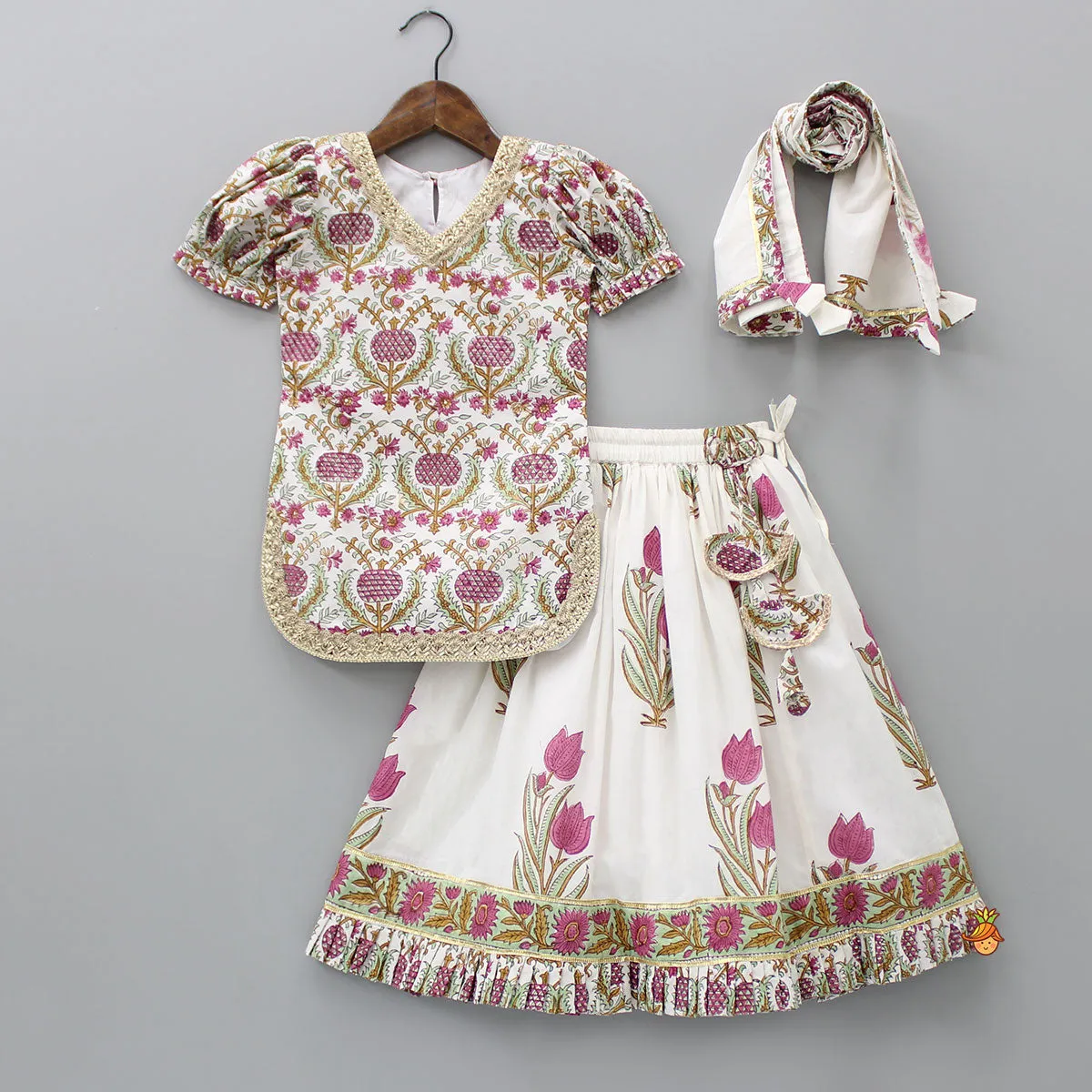 Hand Block Printed Kurti And Lehenga With Dupatta