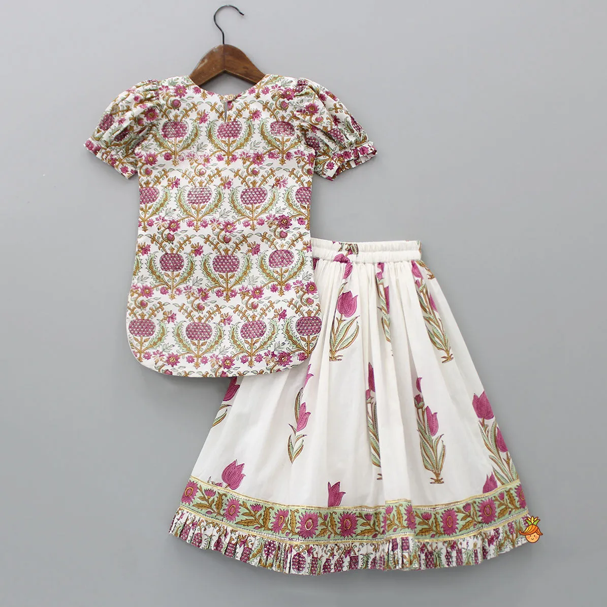 Hand Block Printed Kurti And Lehenga With Dupatta