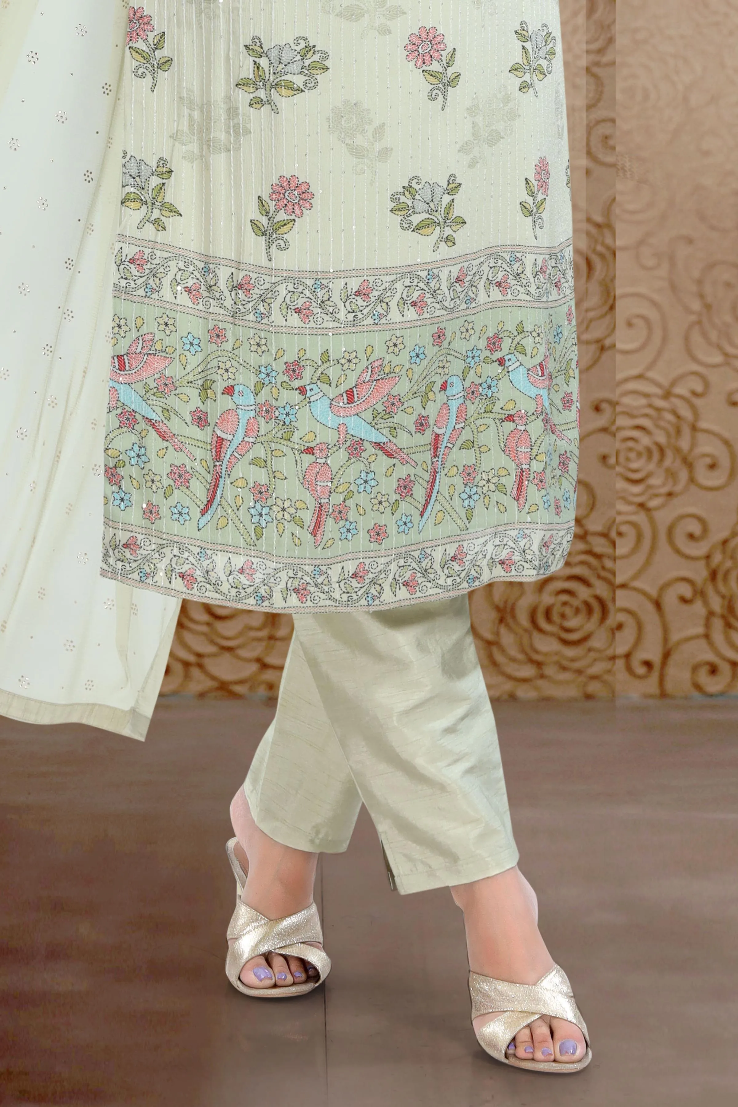 Light Pista Green Sequins, Thread and Zardozi work with Floral Print Straight Cut Salwar Suit
