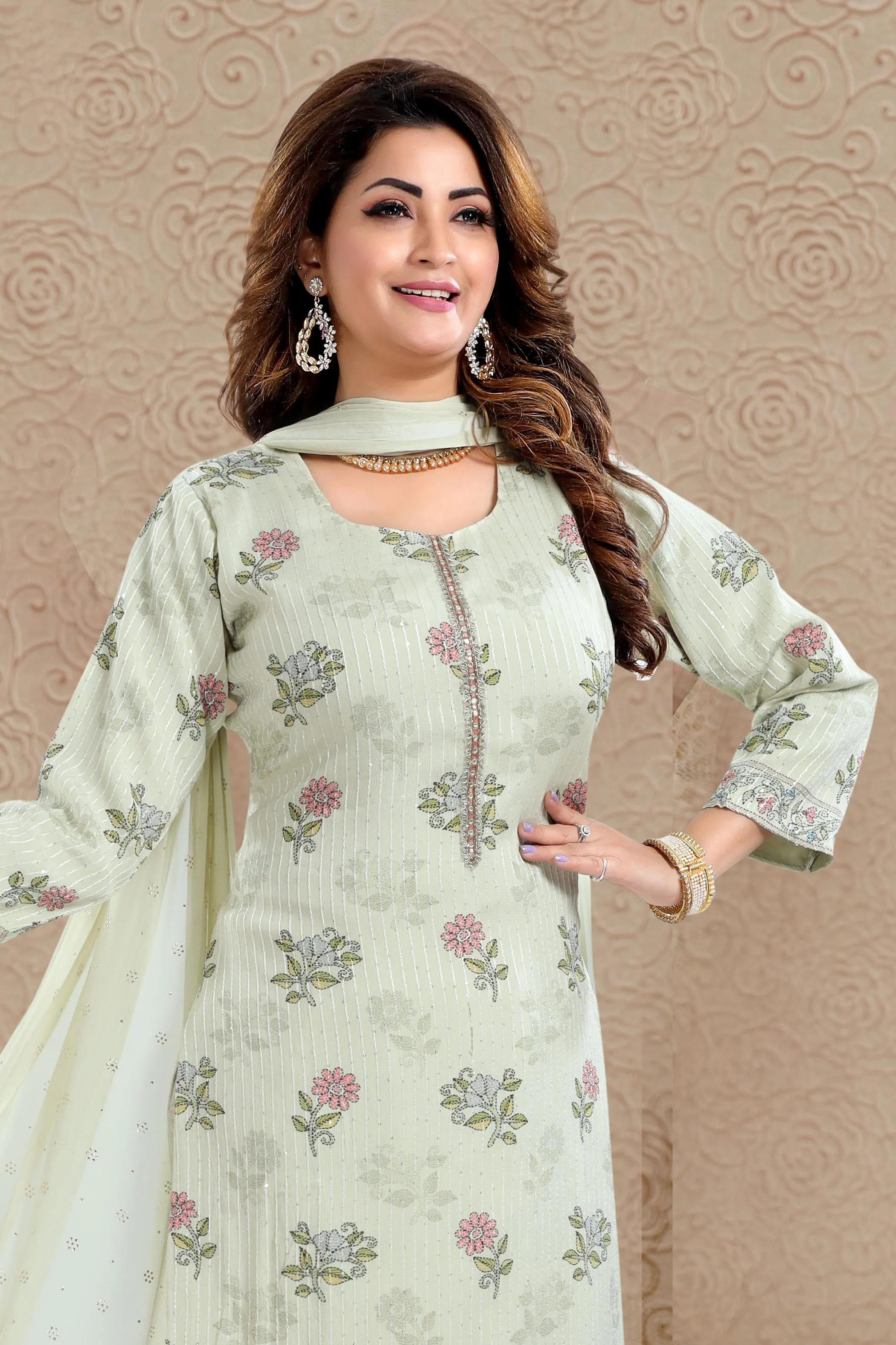 Light Pista Green Sequins, Thread and Zardozi work with Floral Print Straight Cut Salwar Suit