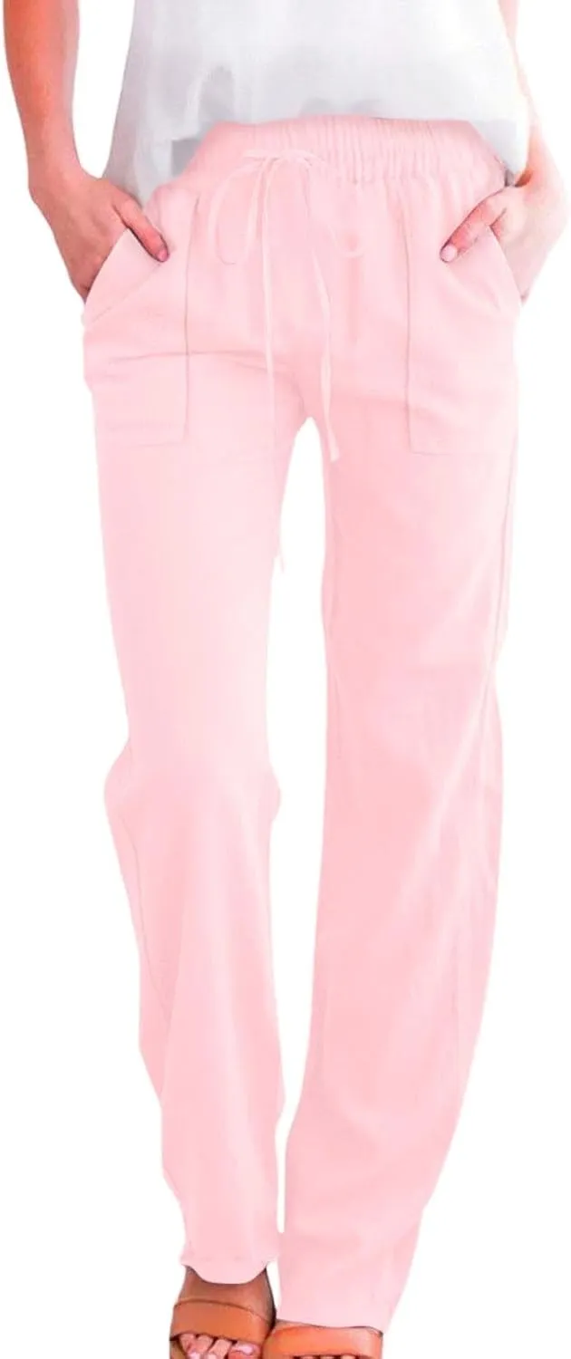 Linen Pants Women Summer,Cotton Linen Straight Leg Petite Casual Pants with Pockets Comfy Lounge Pant 2025