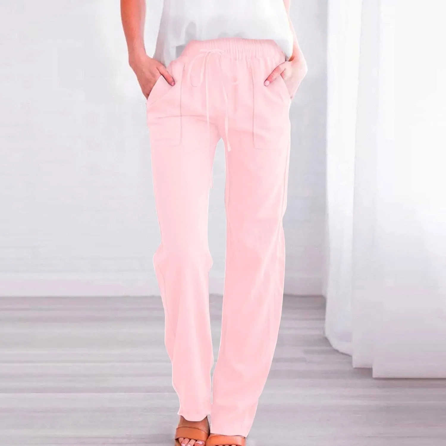 Linen Pants Women Summer,Cotton Linen Straight Leg Petite Casual Pants with Pockets Comfy Lounge Pant 2025