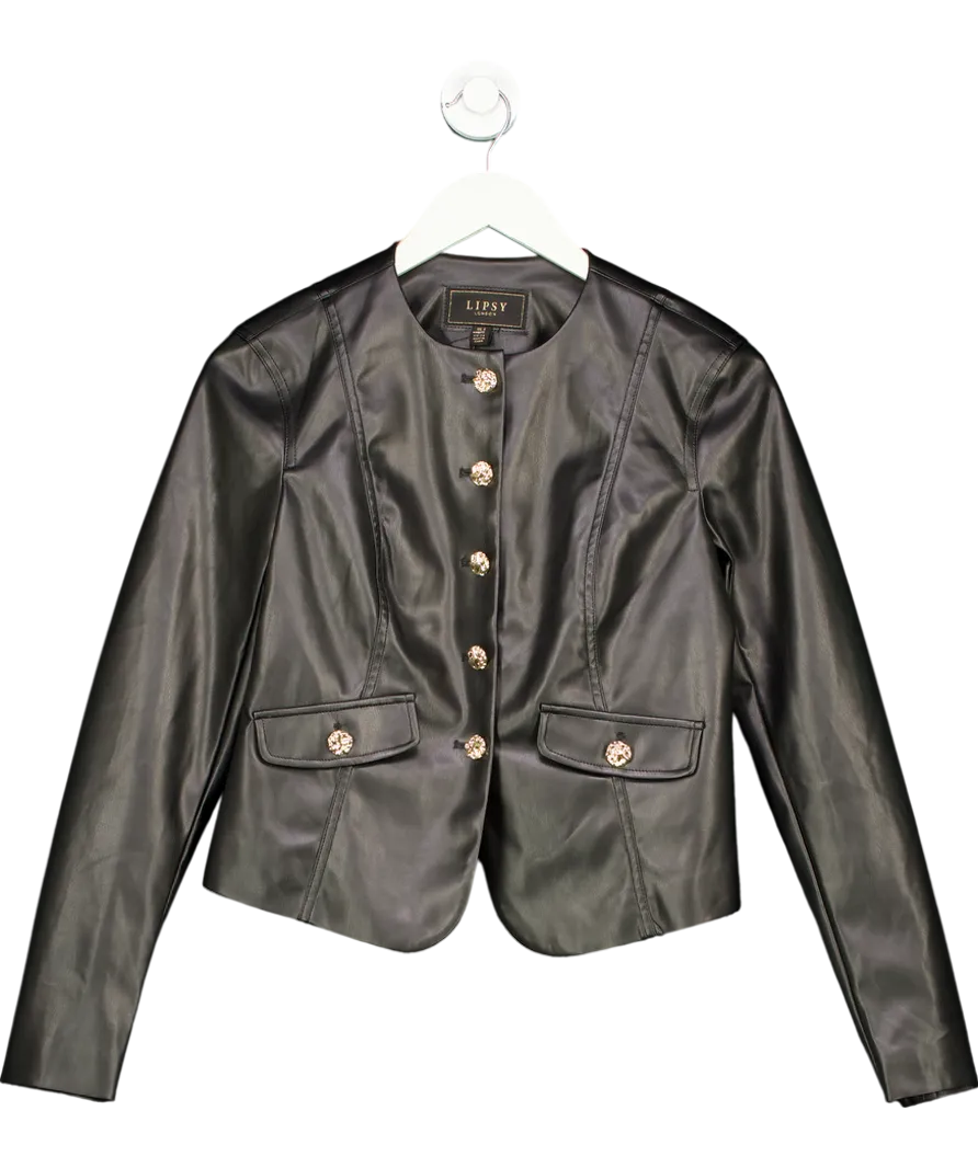 lipsy london Black Faux Leather Collarless Jacket UK 6