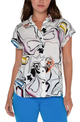 Liverpool Dolman Sleeve Blouse with Collar and Button Front (White and Black Multi)
