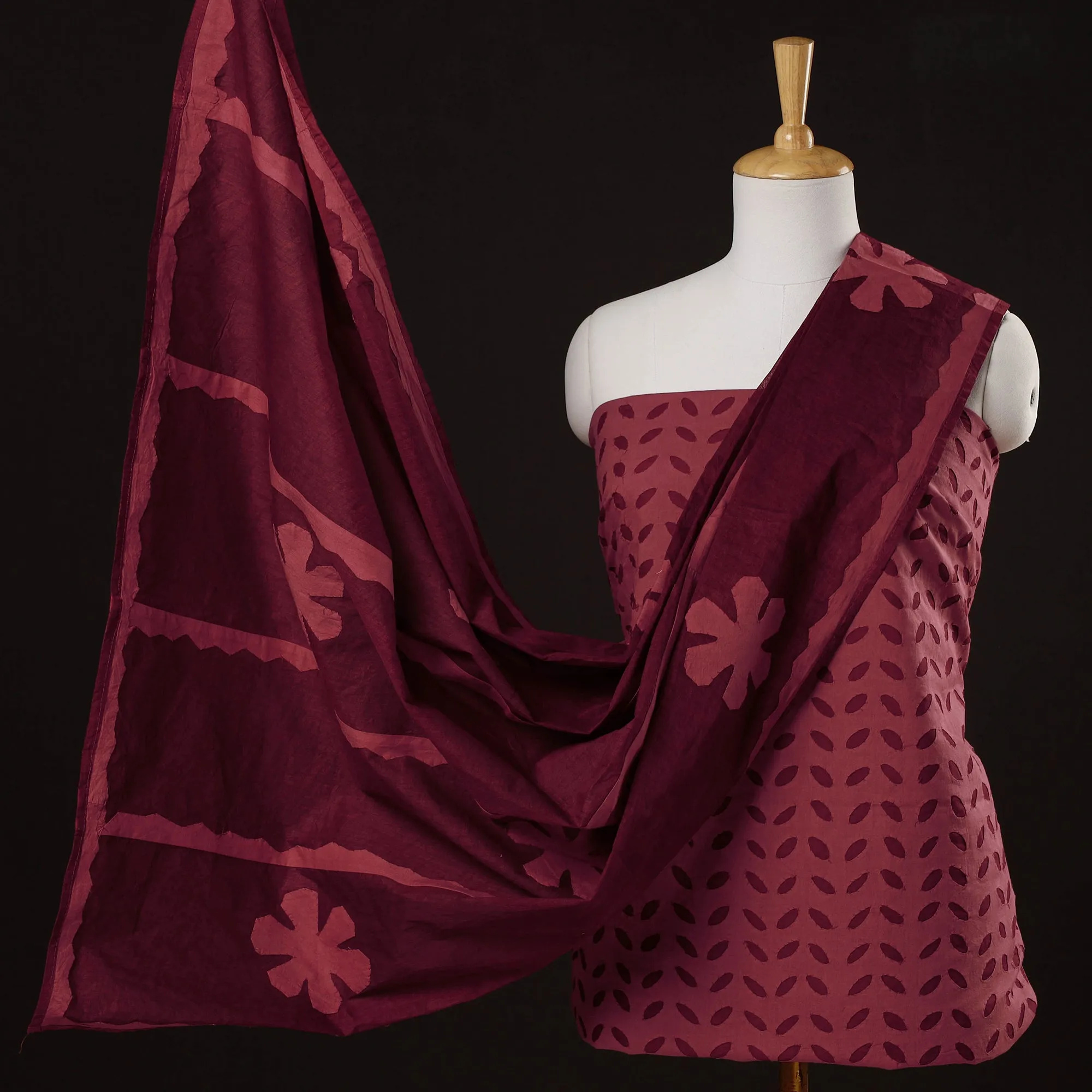 Maroon - 3pc Barmer Applique Cut Work Cotton Suit Material Set