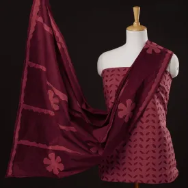 Maroon - 3pc Barmer Applique Cut Work Cotton Suit Material Set