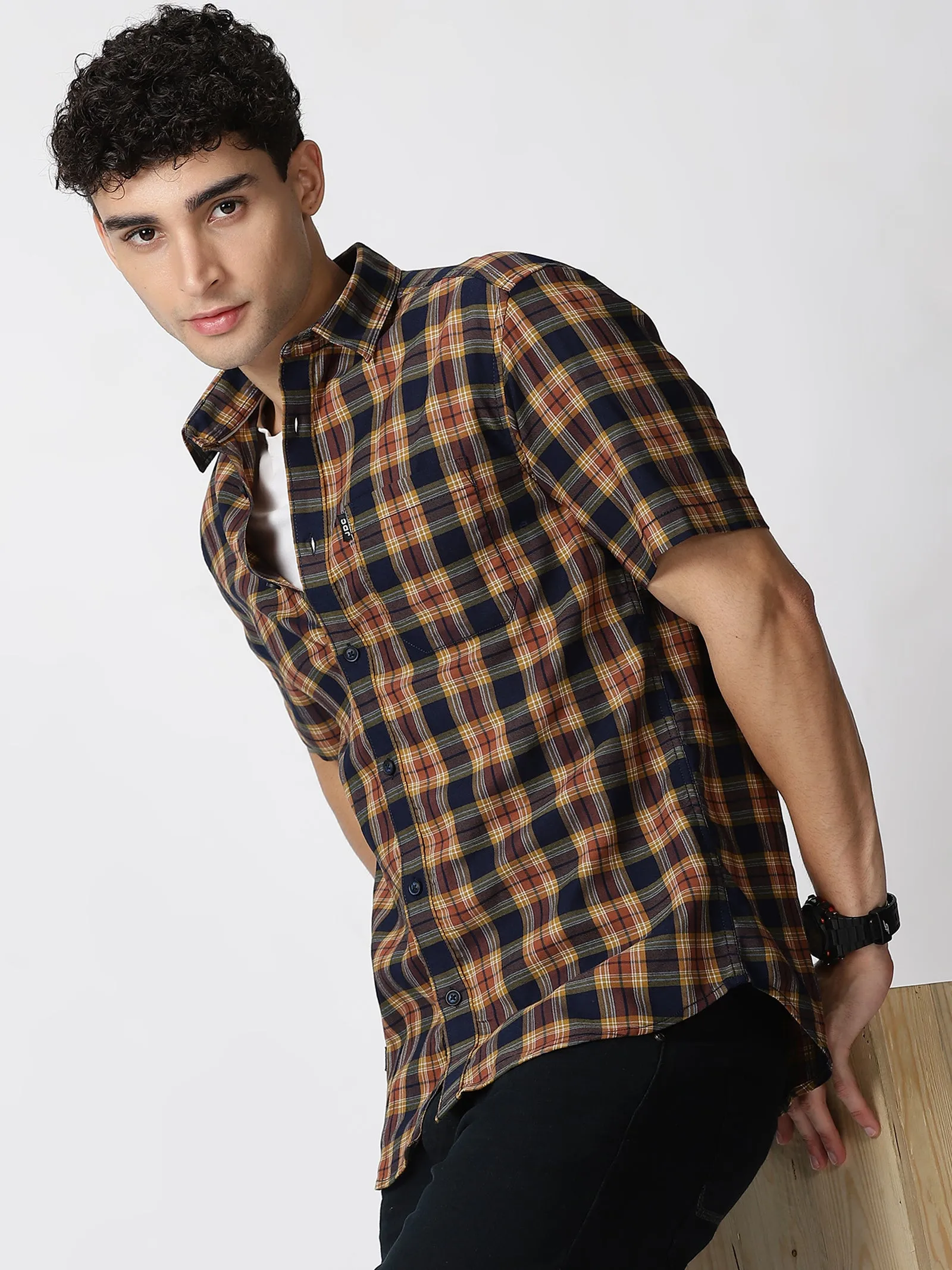 MEN'S BROWN CHECKS SLIM FIT SHIRT
