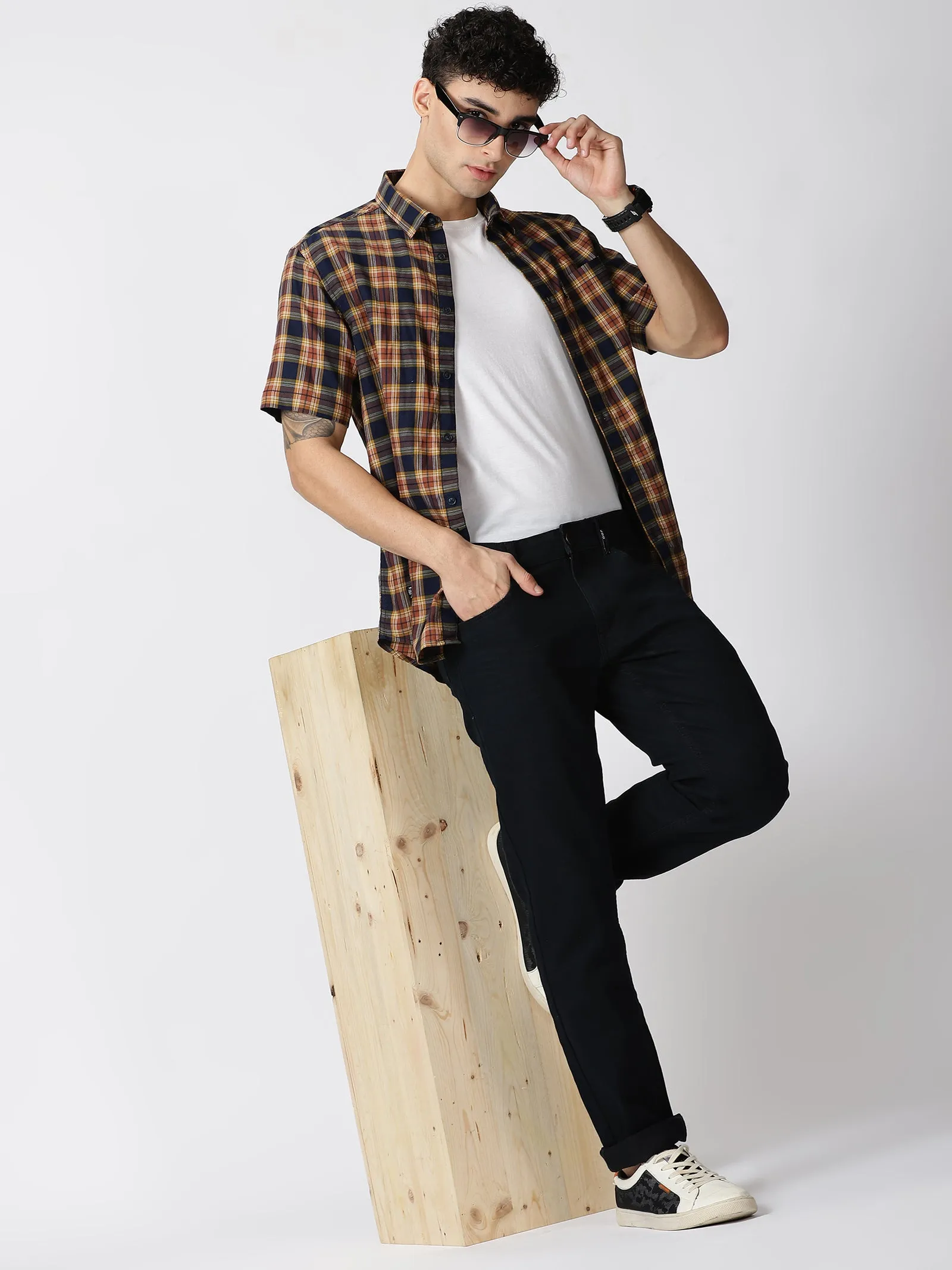 MEN'S BROWN CHECKS SLIM FIT SHIRT