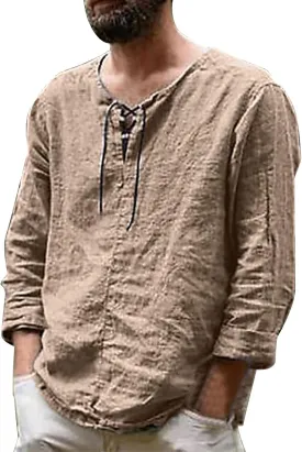 Men's Casual Solid Splice V Neck Blouse Drawstring Long Sleeve Tops T Shirt T Shirts for Men