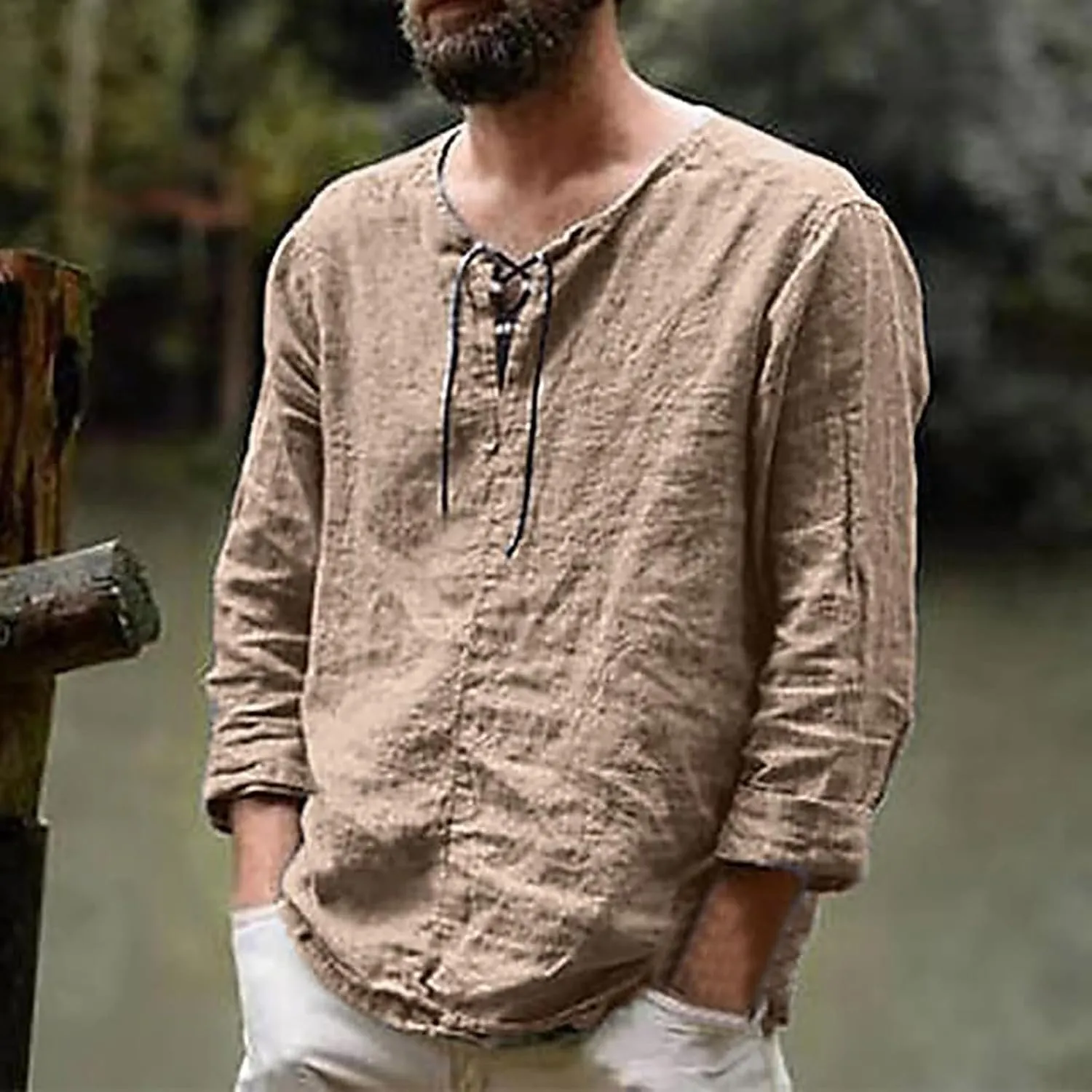 Men's Casual Solid Splice V Neck Blouse Drawstring Long Sleeve Tops T Shirt T Shirts for Men