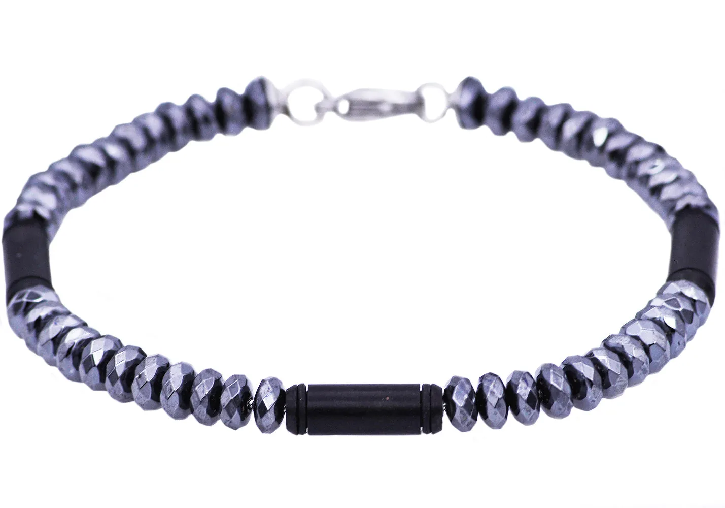 Mens Genuine Hematite Black Plated Stainless Steel Disk Link Chain Bracelet