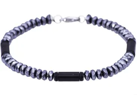 Mens Genuine Hematite Black Plated Stainless Steel Disk Link Chain Bracelet