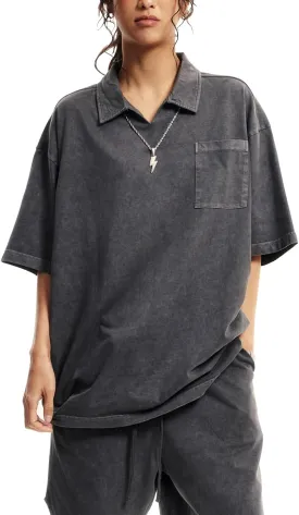 Mens Polo Tshirts Casual Short Sleeve Oversized Lapel Collar Tee Streetwear Vintage Women Acid Wash Shirt M1996