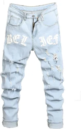 Mens Womens Lightweight Slim Fit Stretch Ripped Jeans Summer Spring Distressed Destroyed Denim Pan Skinny Jeans