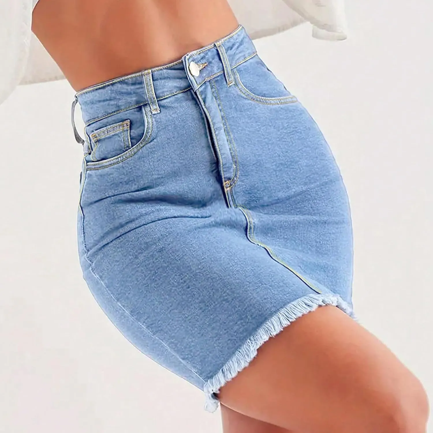 Mini Denim Skirt Women Bodycon Raw Hem Stretch High Waisted Summer Frayed Button A Line Short Skirts with Pockets