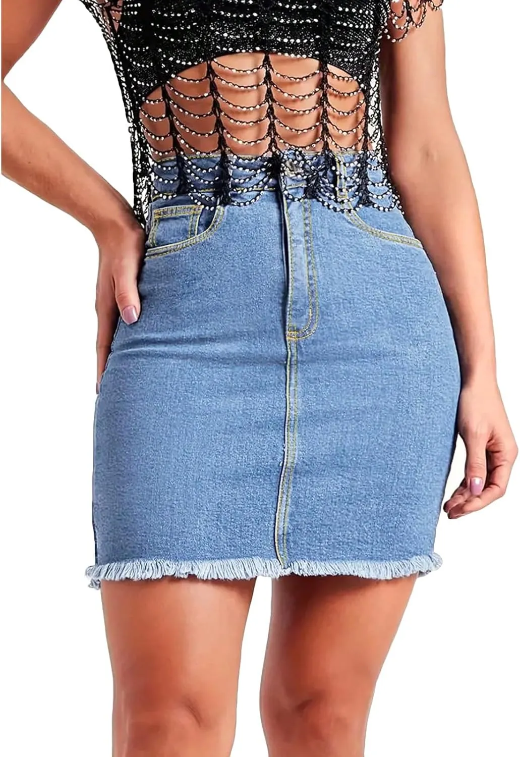 Mini Denim Skirt Women Bodycon Raw Hem Stretch High Waisted Summer Frayed Button A Line Short Skirts with Pockets