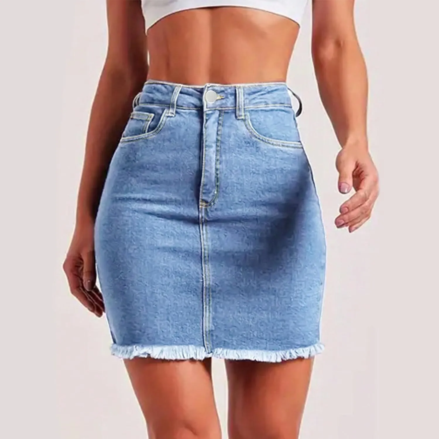 Mini Denim Skirt Women Bodycon Raw Hem Stretch High Waisted Summer Frayed Button A Line Short Skirts with Pockets