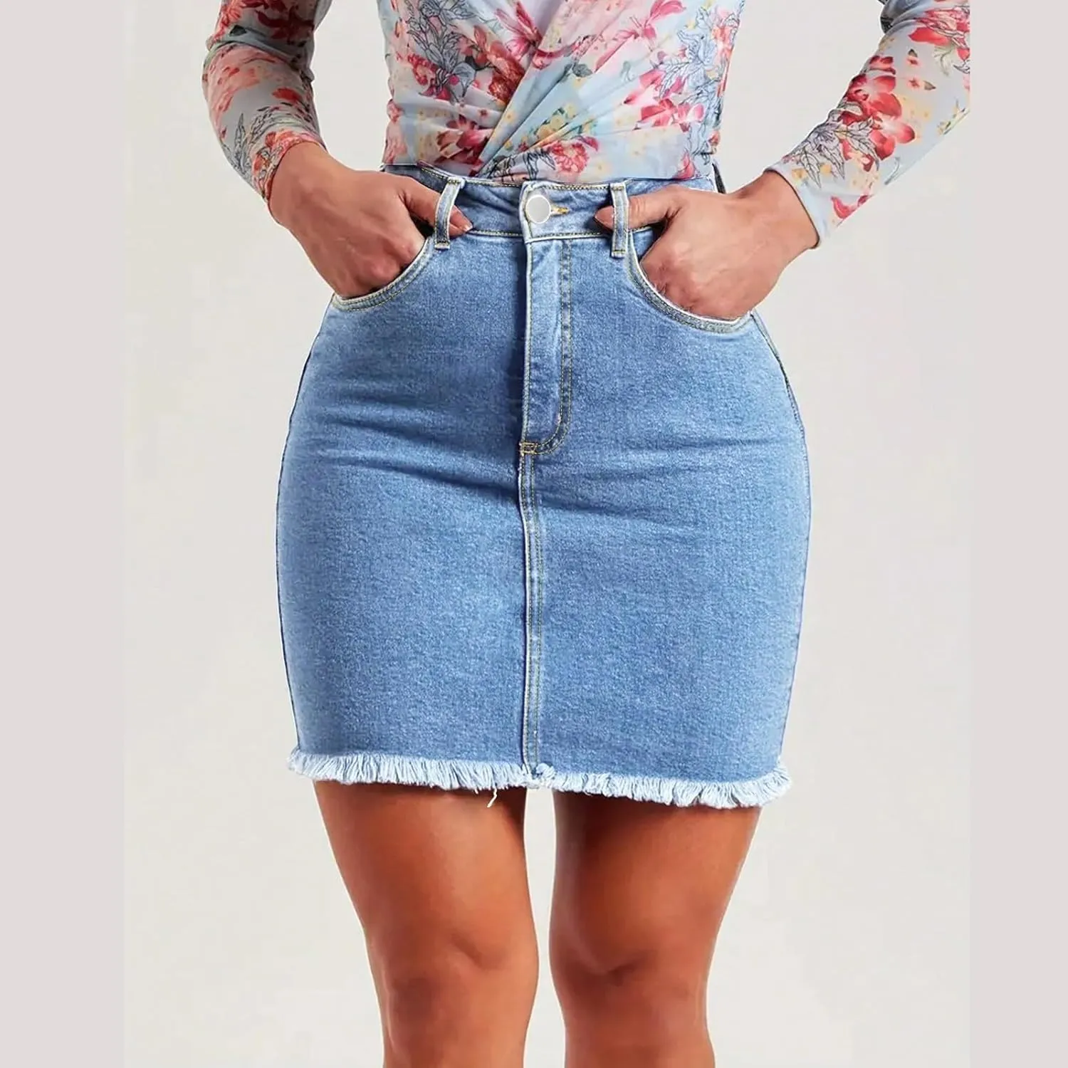 Mini Denim Skirt Women Bodycon Raw Hem Stretch High Waisted Summer Frayed Button A Line Short Skirts with Pockets