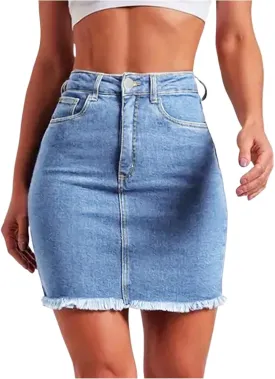 Mini Denim Skirt Women Bodycon Raw Hem Stretch High Waisted Summer Frayed Button A Line Short Skirts with Pockets