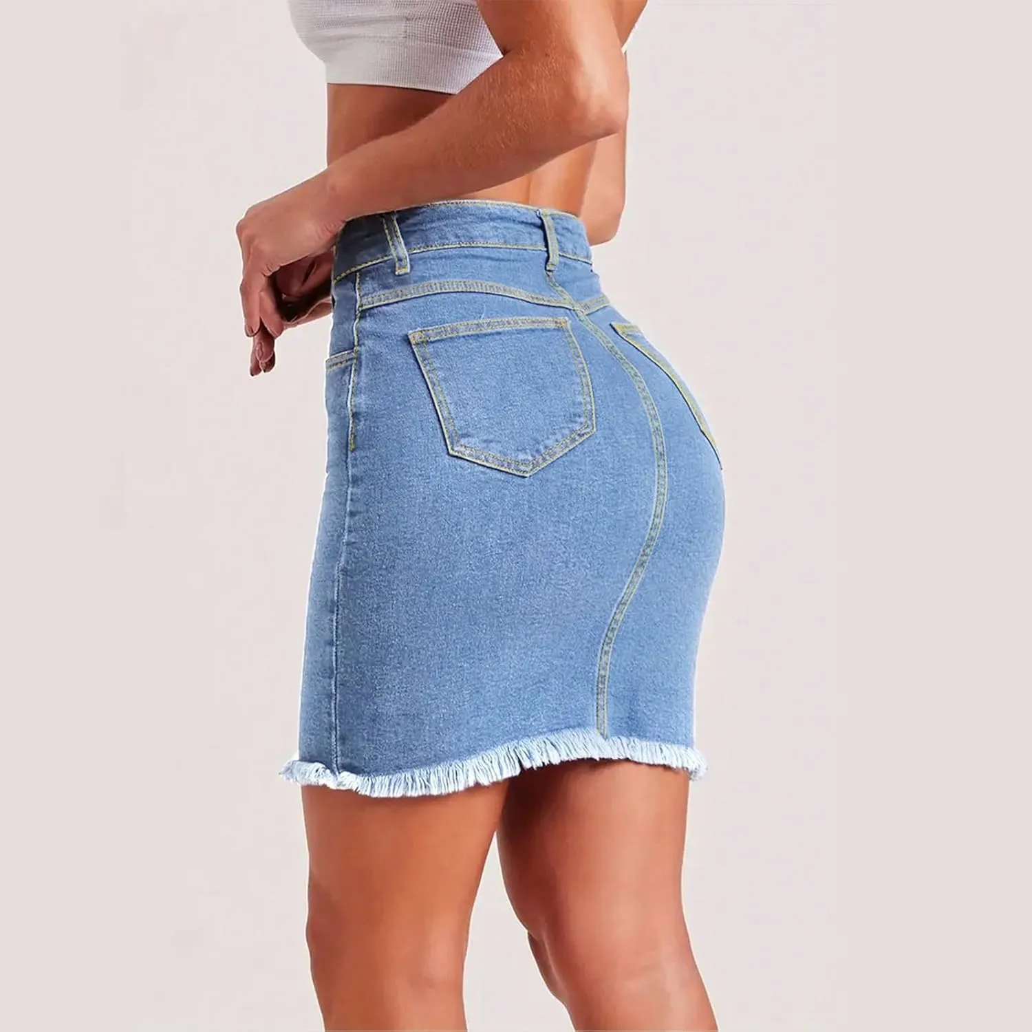 Mini Denim Skirt Women Bodycon Raw Hem Stretch High Waisted Summer Frayed Button A Line Short Skirts with Pockets