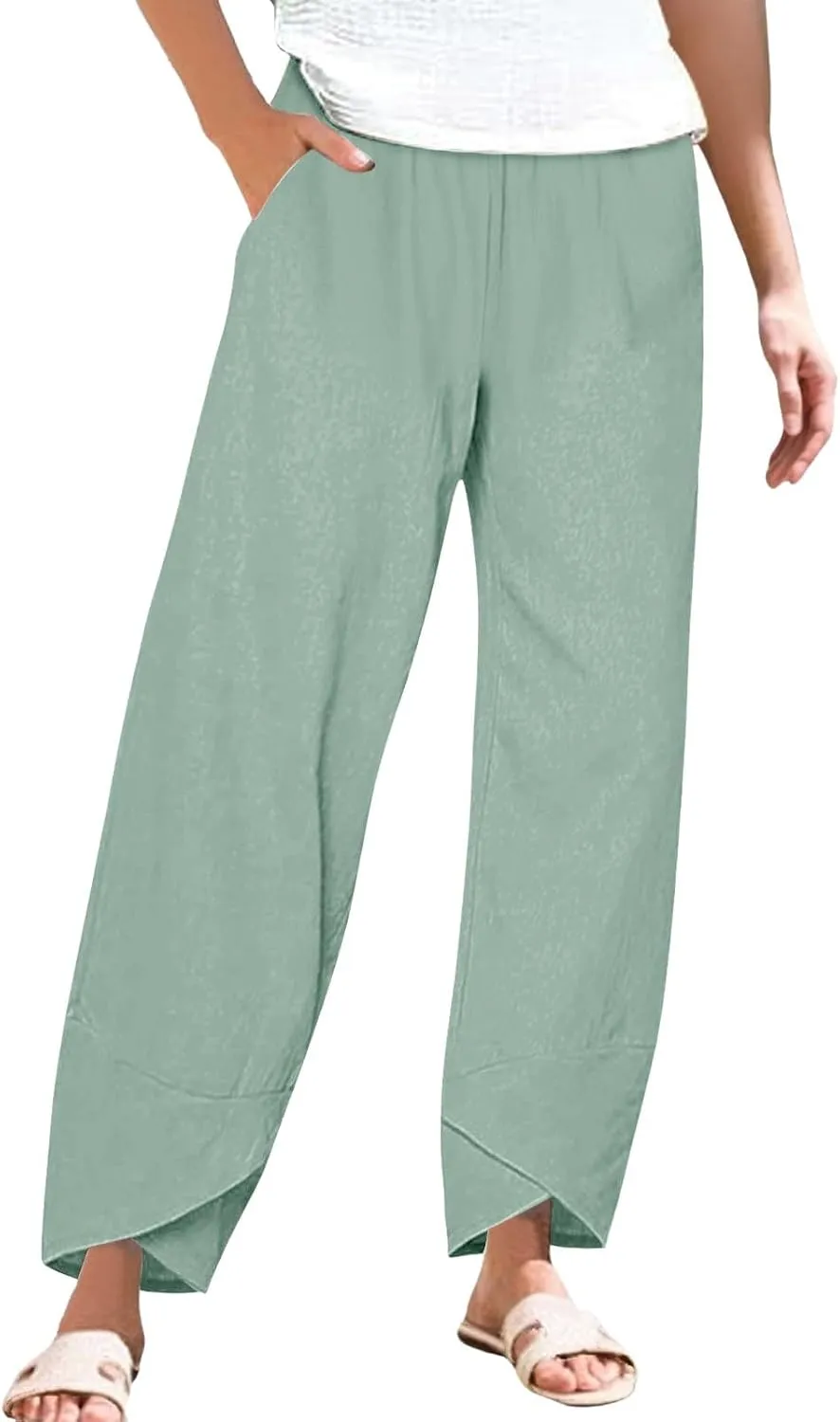 Miyaomn Linen Pants for Women Casual Summer Elastic Waist Capri Pants Solid Color Loose Wide Leg Cropped Trousers with Pocket