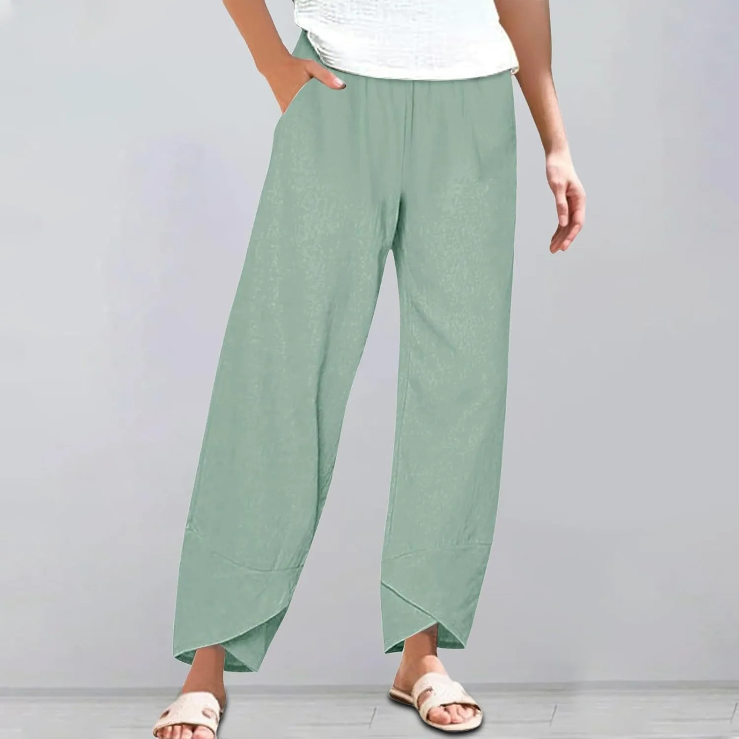 Miyaomn Linen Pants for Women Casual Summer Elastic Waist Capri Pants Solid Color Loose Wide Leg Cropped Trousers with Pocket