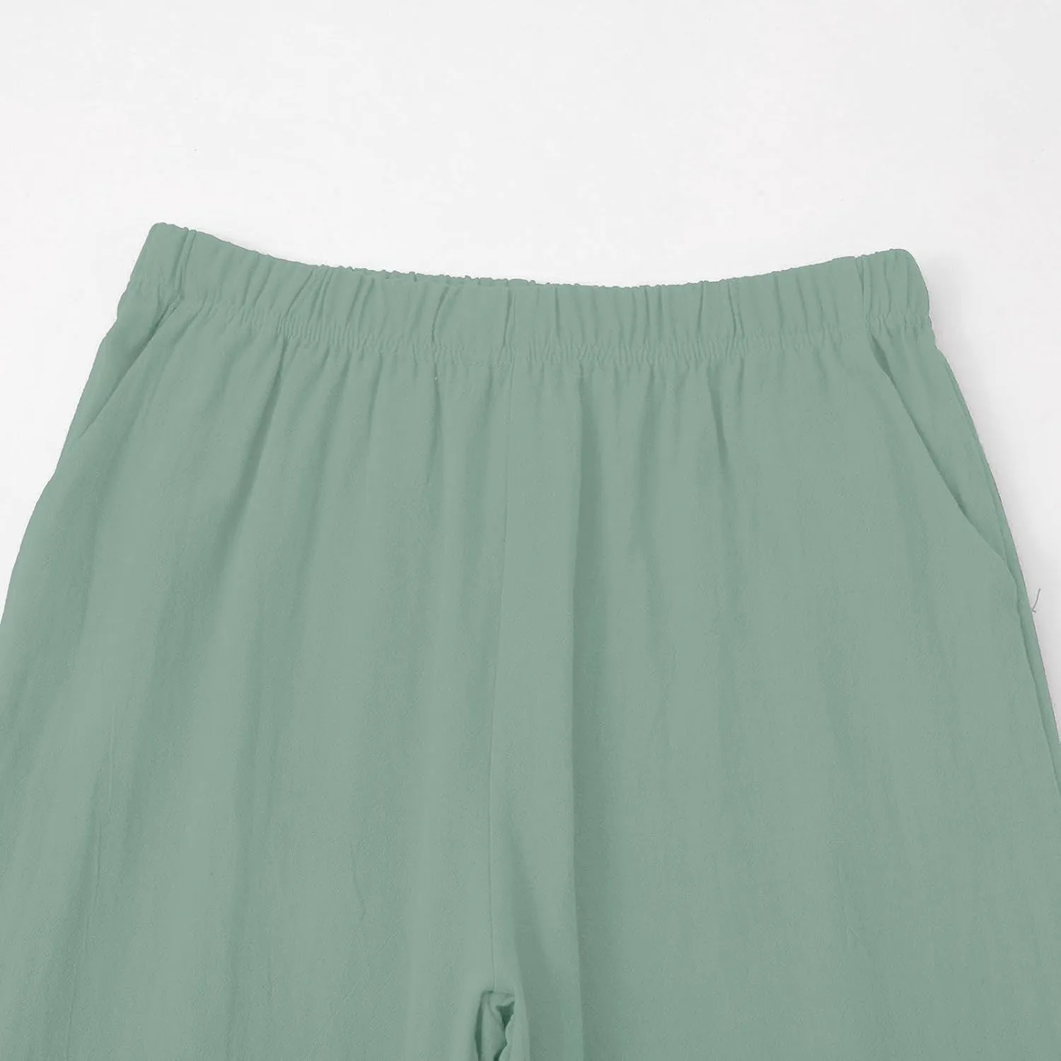 Miyaomn Linen Pants for Women Casual Summer Elastic Waist Capri Pants Solid Color Loose Wide Leg Cropped Trousers with Pocket