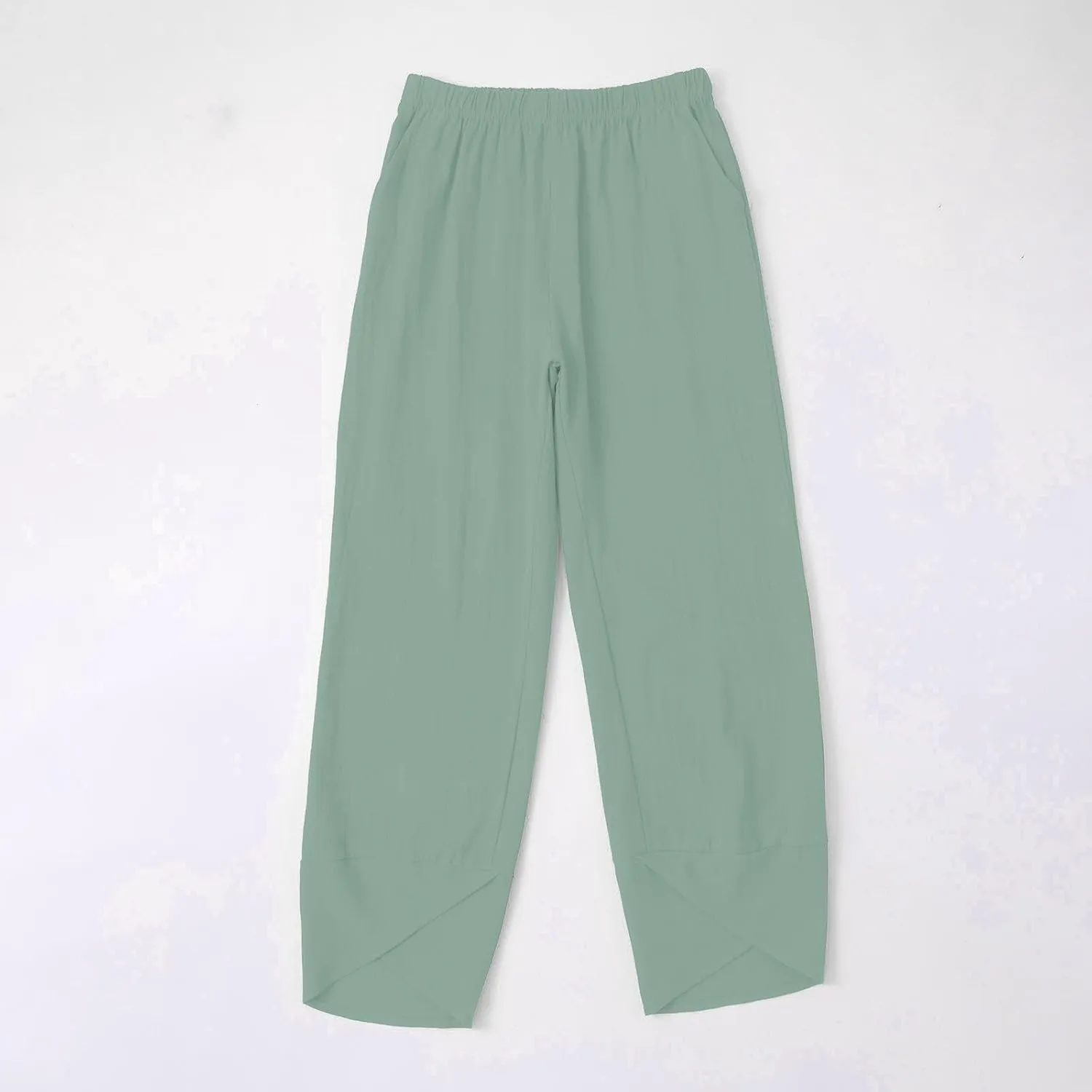 Miyaomn Linen Pants for Women Casual Summer Elastic Waist Capri Pants Solid Color Loose Wide Leg Cropped Trousers with Pocket