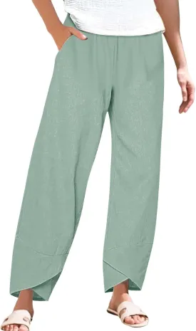 Miyaomn Linen Pants for Women Casual Summer Elastic Waist Capri Pants Solid Color Loose Wide Leg Cropped Trousers with Pocket