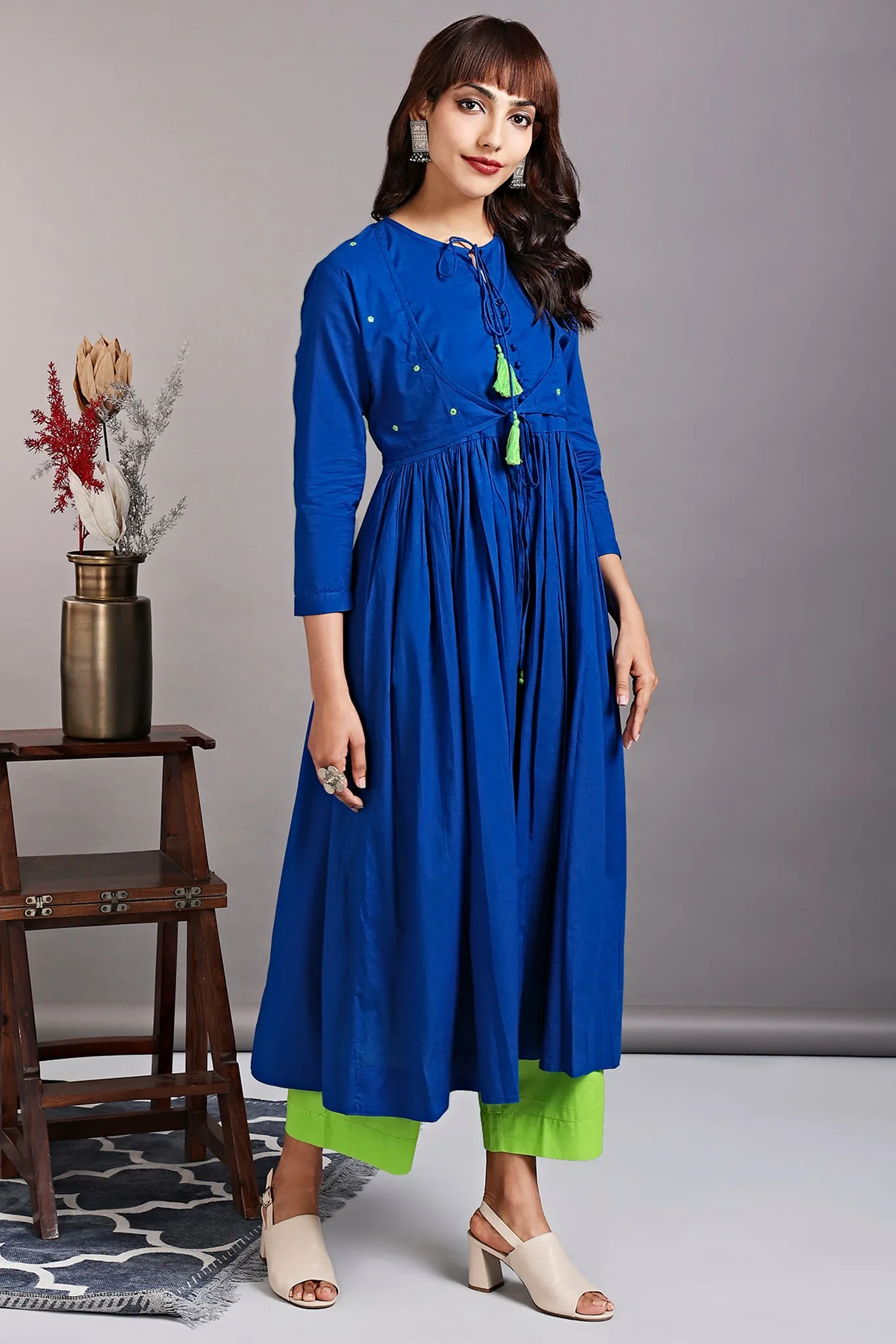 mughal anarkali with tie up jacket and gathers - sapphire blue & shimmering green